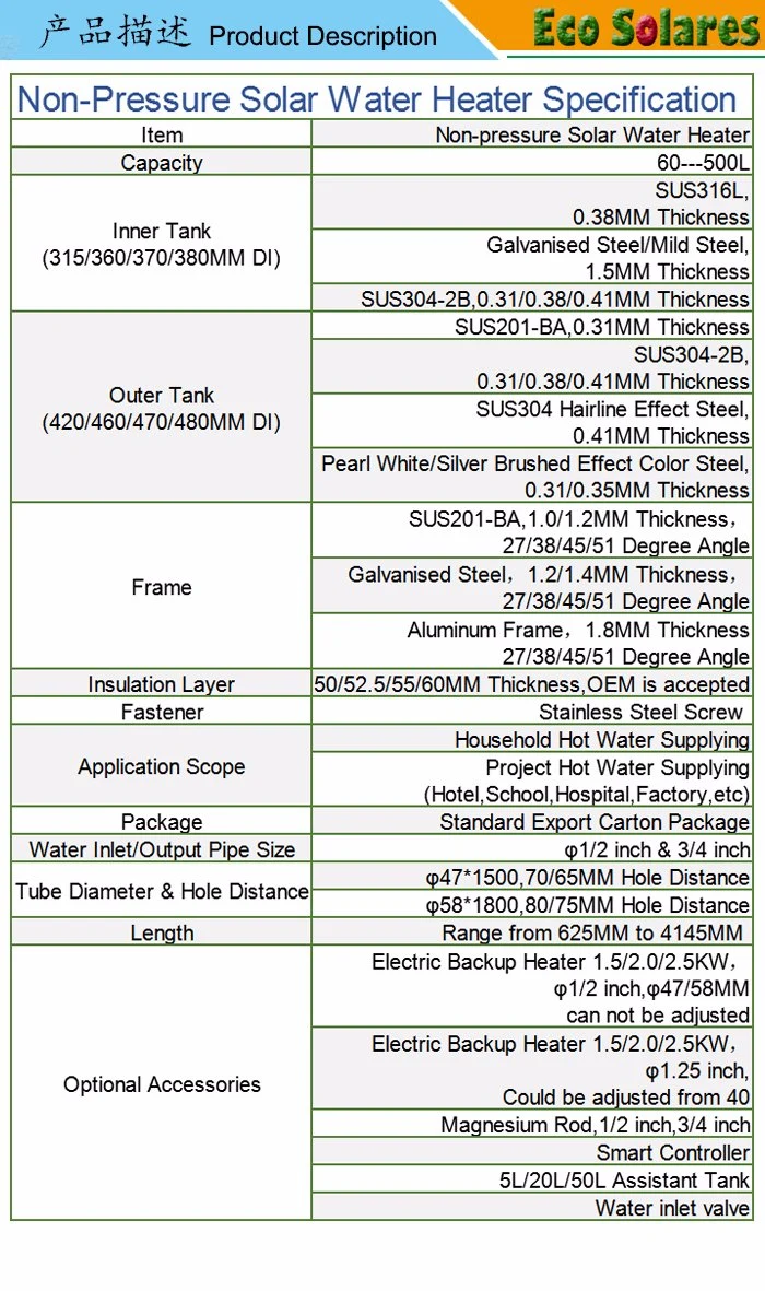 Stainless Steel Compact Pressurized Heat Pipe Solar Energy Water Heater Solar Collector Vacuum Tubes Solar Spare Parts Pre-Filter